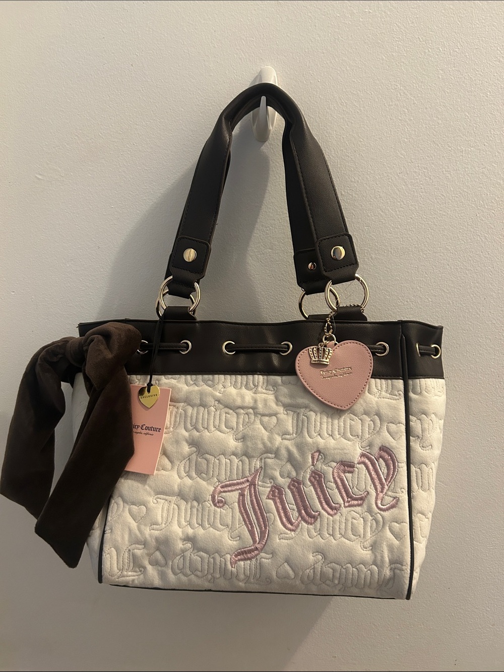 Juicy Couture White Quilted Tote with Pink Logo and Brown Trim Accents